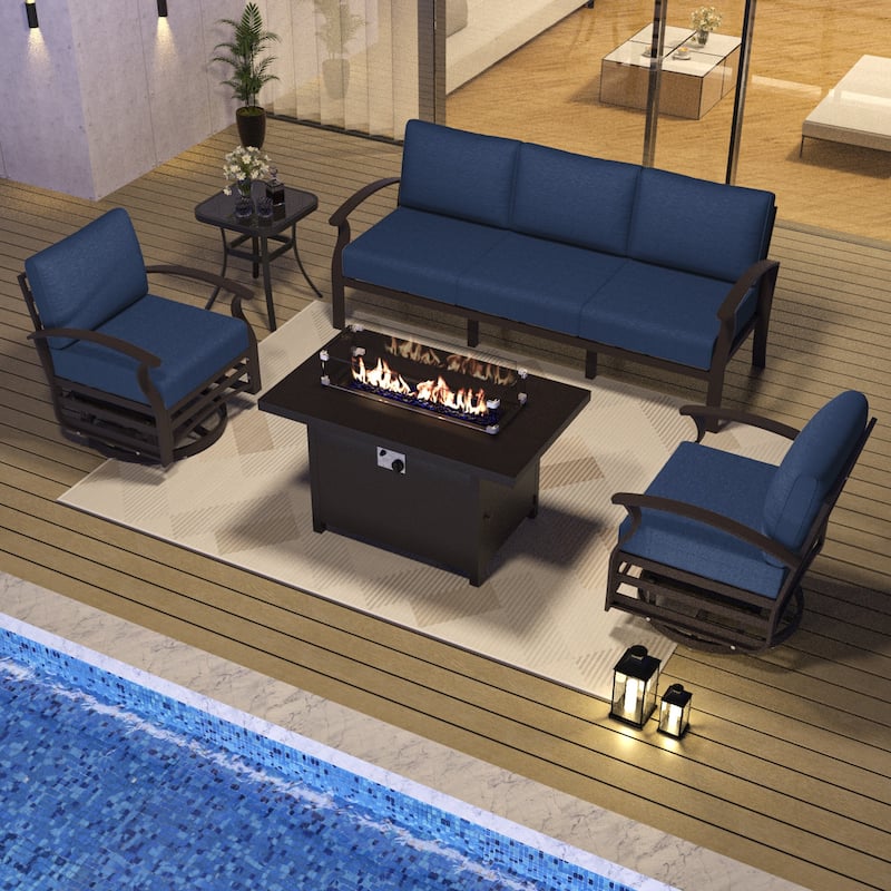 Aluminum Patio Outdoor Sectional Sofa Set with Fire Pit, Swivel Rocking Chairs and Ottomans