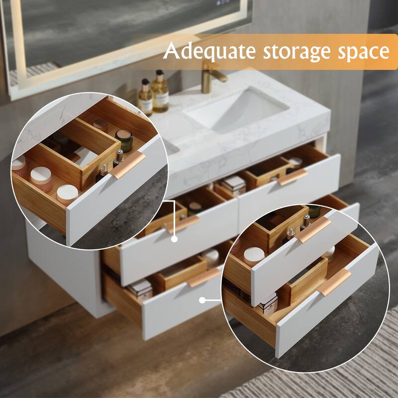 36/48/60 Modern Floating Bathroom Vanity with Sinle/Double Sink & Soft-Close Drawers & LED Lighting & Waterproof, White