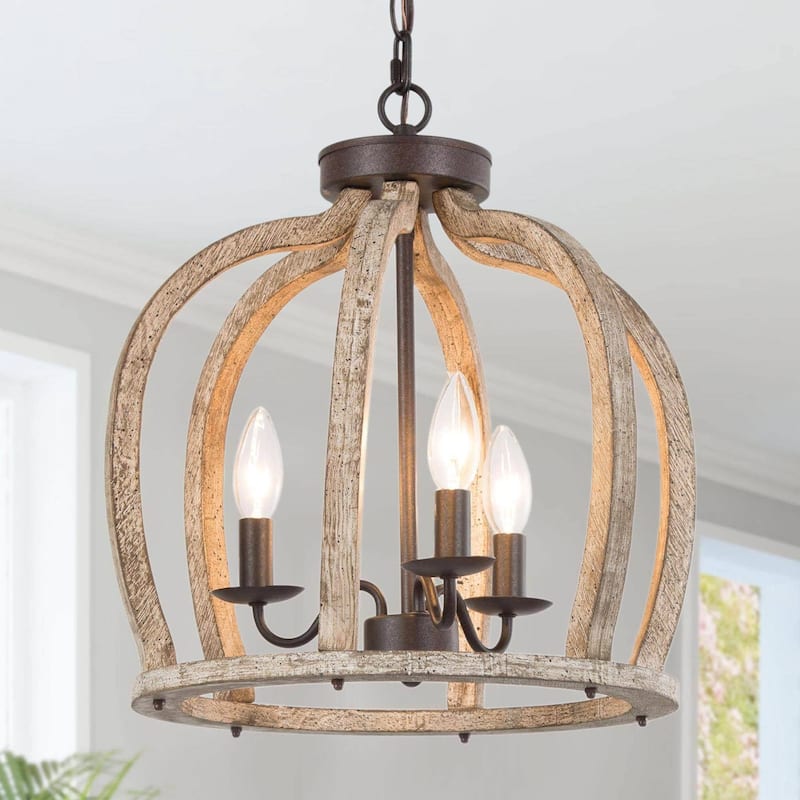 Farmhouse 3-Light Wood Cage Chandelier Lantern Pendant for Kitchen Island Foyer - D15'' x H76''