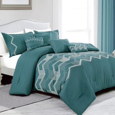 7 Piece Teal Boho Embroidery Soft Bedding Comforter Set