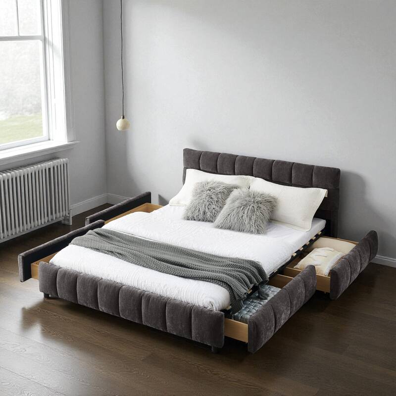 Queen Upholstered Platform Bed with Chenille Fabric, Soft Headboard & Underbed Storage Drawer, Solid Bed Frame