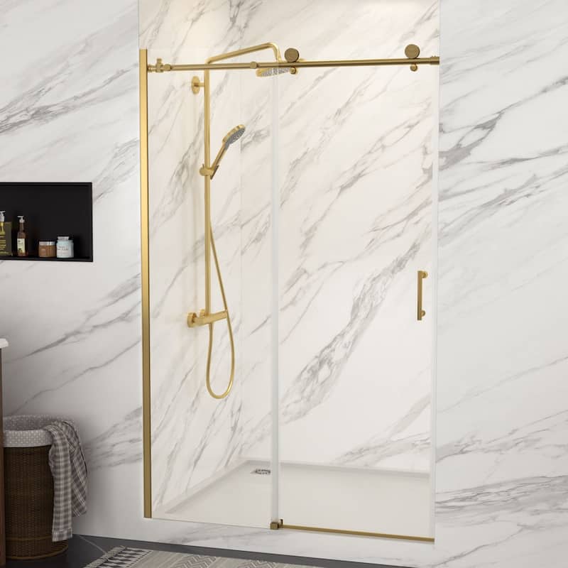 Lordear 48" x 76" Glass Shower Door Aluminum Semi-Frameless Single Sliding Adjustable Shower Enclosure - 48 in.W x 76 in H.