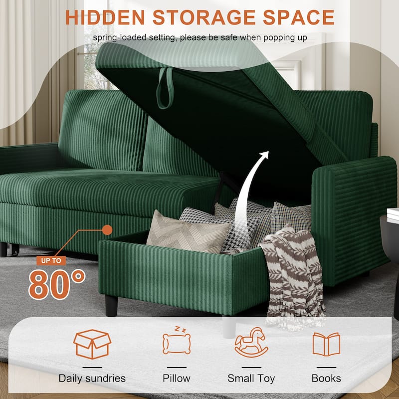 Futzca 3-in-1 Convertible Corduroy Sofa Bed with Storage, L-Shaped Sectional Couch