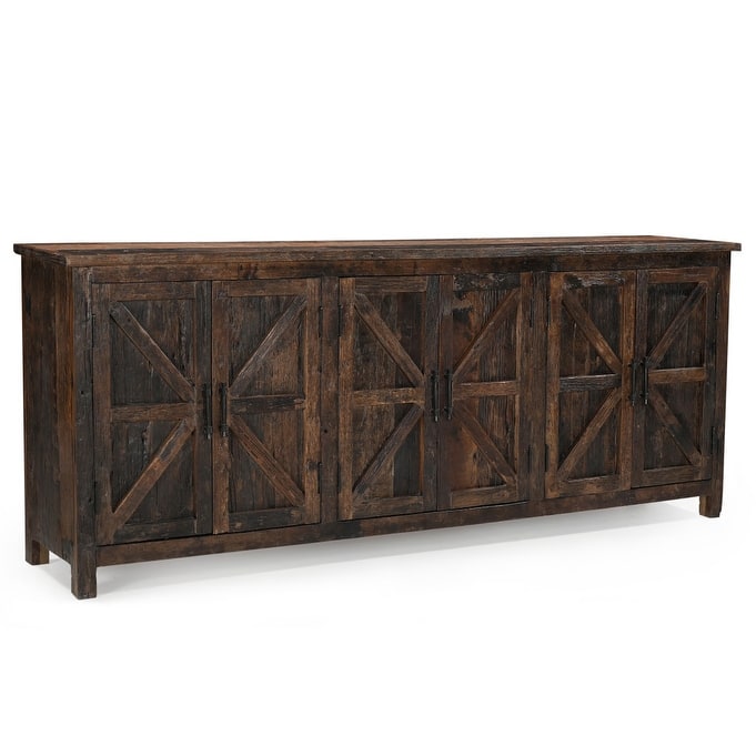 HomeRoots 84" Dark Brown Distressed Reclaimed Wood Paneled Sideboard with Six Doors - 84.00 in. x 33.00 in. x 16.00 in.