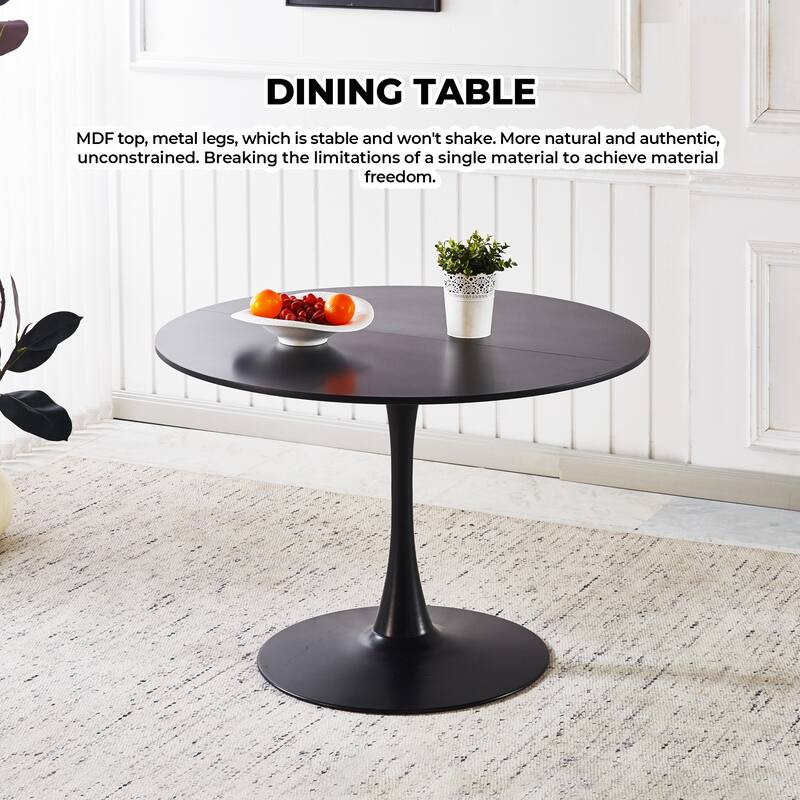 Modern Round Dining Table for 4-6 People, Tulip Table with MDF Top & Metal Pedestal Base for Dining Room, Kitchen, Living Room - Black