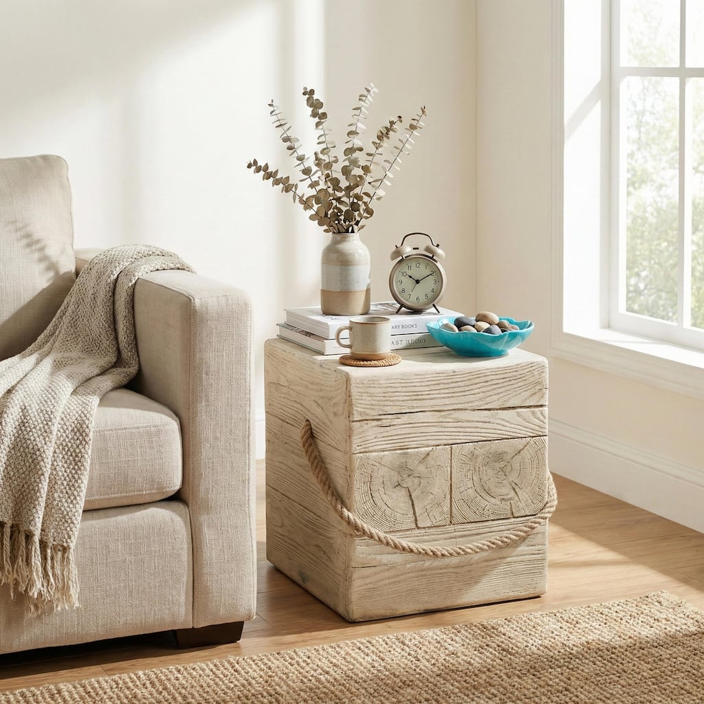 Outdoor Wood Grain Square MGO Side Table with Simulated Braided Cord, Indoor Retro End Table for Home & Patio Decor