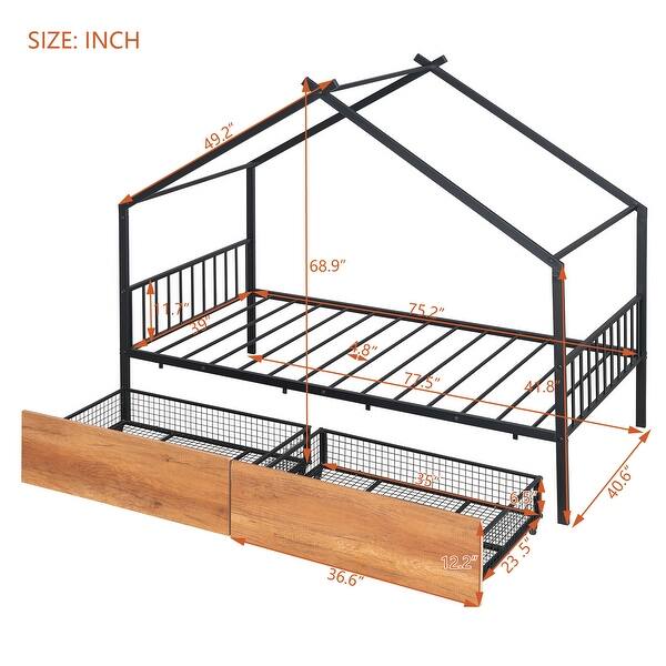 Black Twin Size Metal House Bed with Two Drawers and Roof for Kids, Boys and Girls, Bedroom