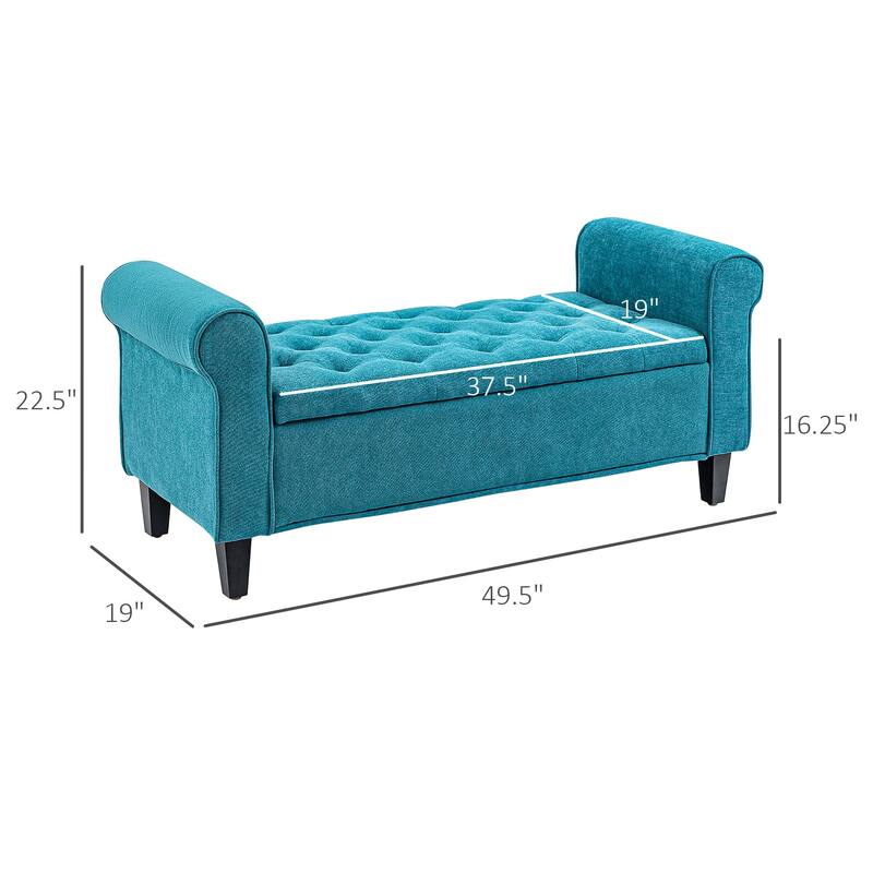 Storage Ottoman Bench, Upholstered End of Bed Bench with Rolled Arms, Wood Legs, Button Tufted Storage Bench with Safety Hinges