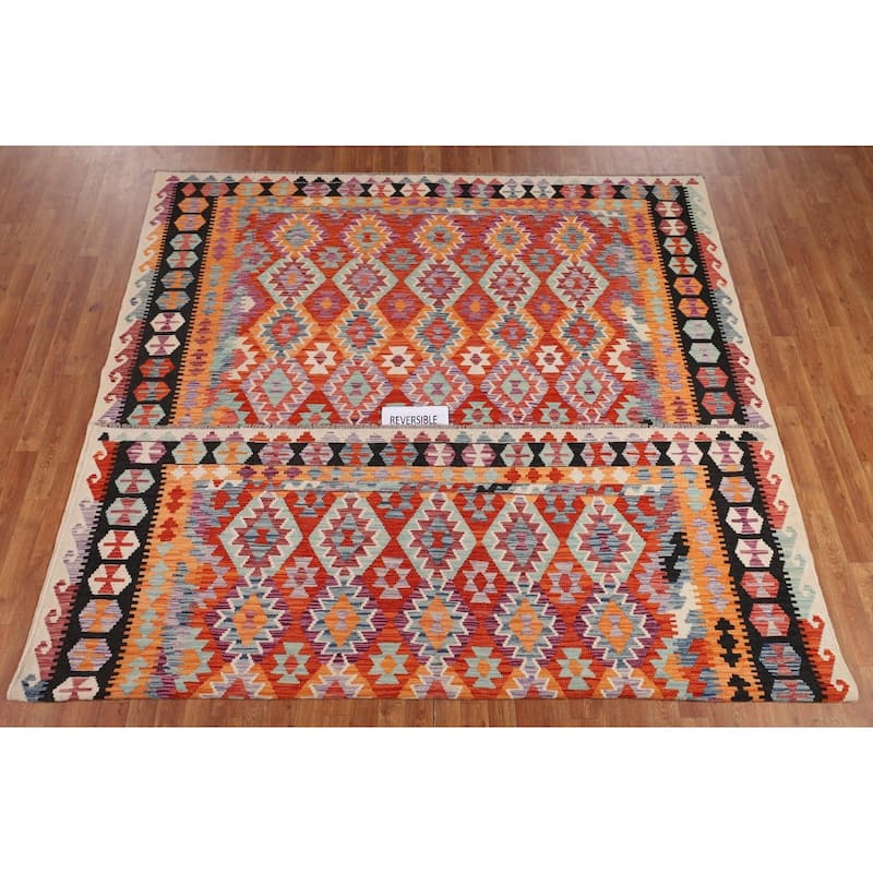 Orange Kilim Area Rug Hand-Woven Reversible Wool Carpet - 8'5" x 11'5"