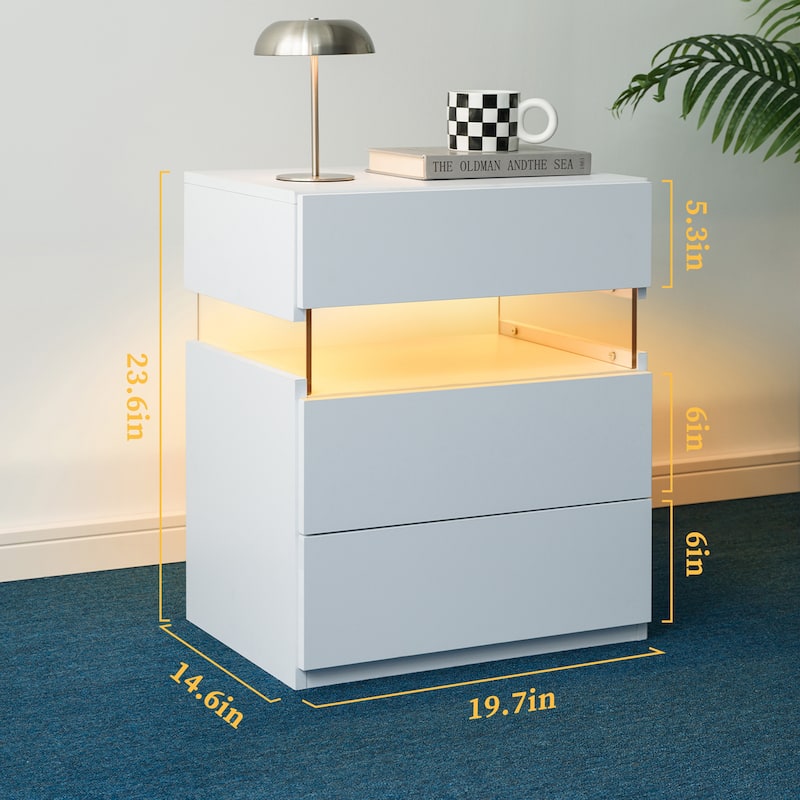 GDF Studio - Avalon Modern LED Nightstand with Acrylic Light Panel and Three Storage Drawers