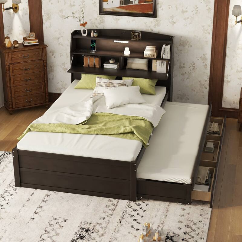 Wood Captain Bed Platform Bed with Trundle and 3 Drawers, Single Bed Frame with Storage Headboard and Integrated LED Light