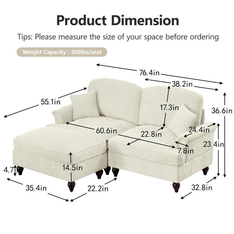 Chaise Lounge Sofa Loveseat Couch with Movable Ottoman, Elegant Loveseat Sofa Couch with Flared Armrests