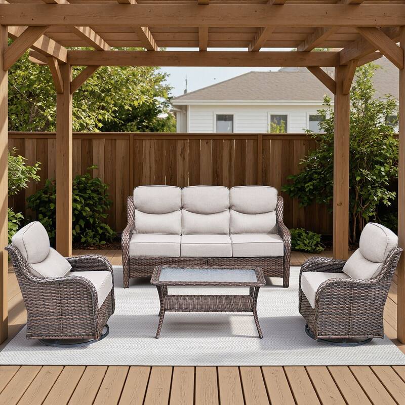 Arcadia 4-Piece Wicker Patio Conversation Set with Swivel Gliders and 6-Inch Thick Olefin Cushions - Beige Cushions - Brown Wicker