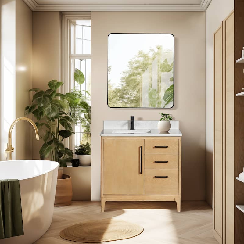 Gara Single Bath Vanity with Composite Stone Top without Mirror - 36in. - Washed Ash Grey