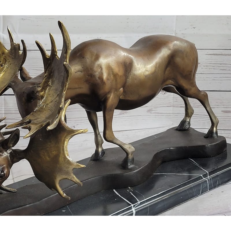 Imitative Bull Moose Duel Dueling Bucks Fight Bronze Statue Sculpture Moigniez Marble Base 11 Inches X 31 Inches