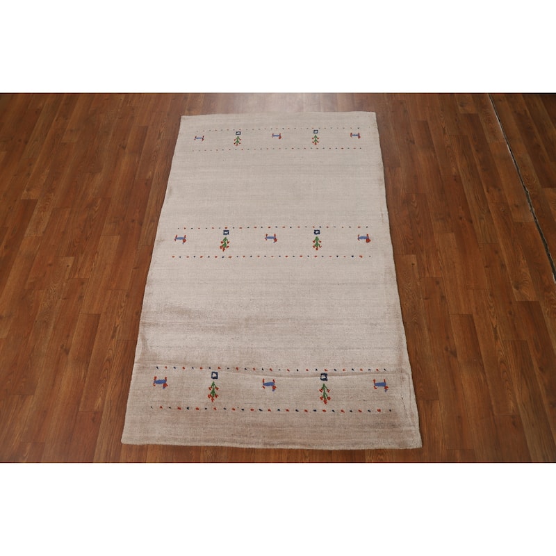 Tribal Gabbeh Indian Foyer Rug Handmade Beige Silk Carpet - 3'1"x 4'11"