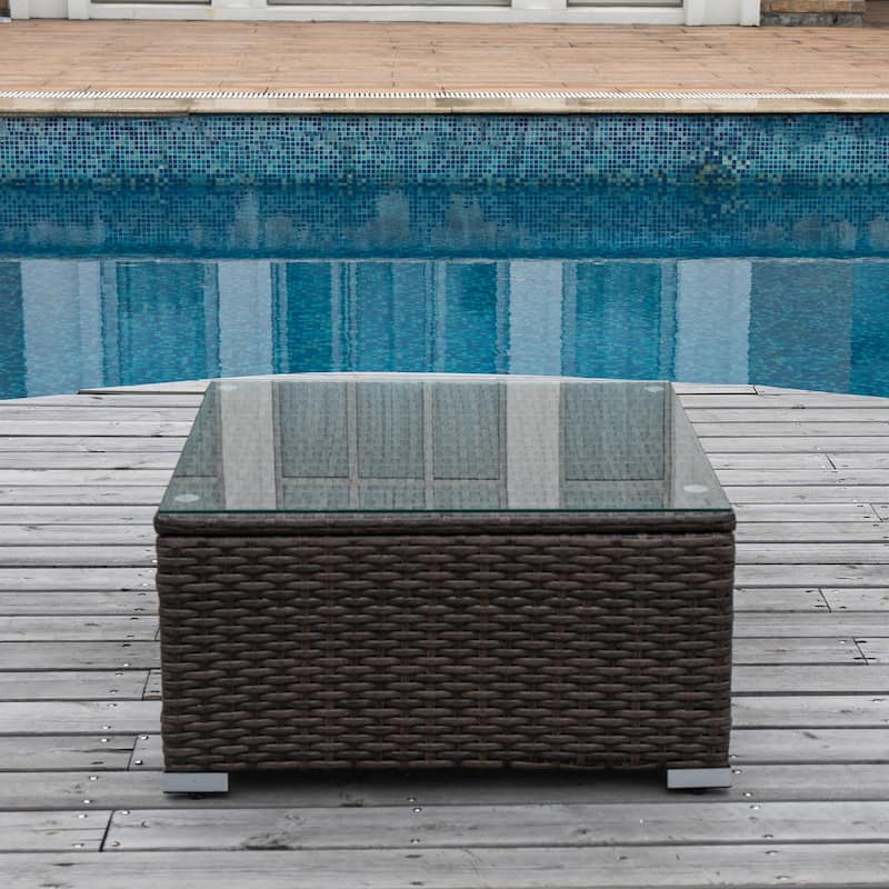 COSIEST Outdoor Furniture Wicker Glass-Top Coffee Table - Brown