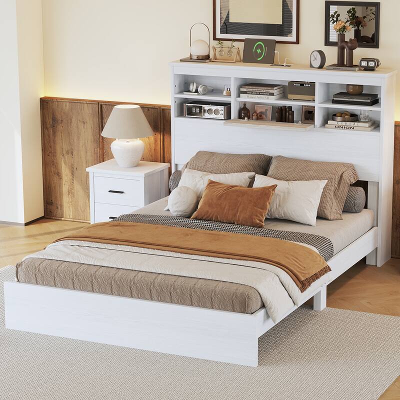 Queen Size MDF Platform Bed with USB Charging Stations And Compartment Headboard