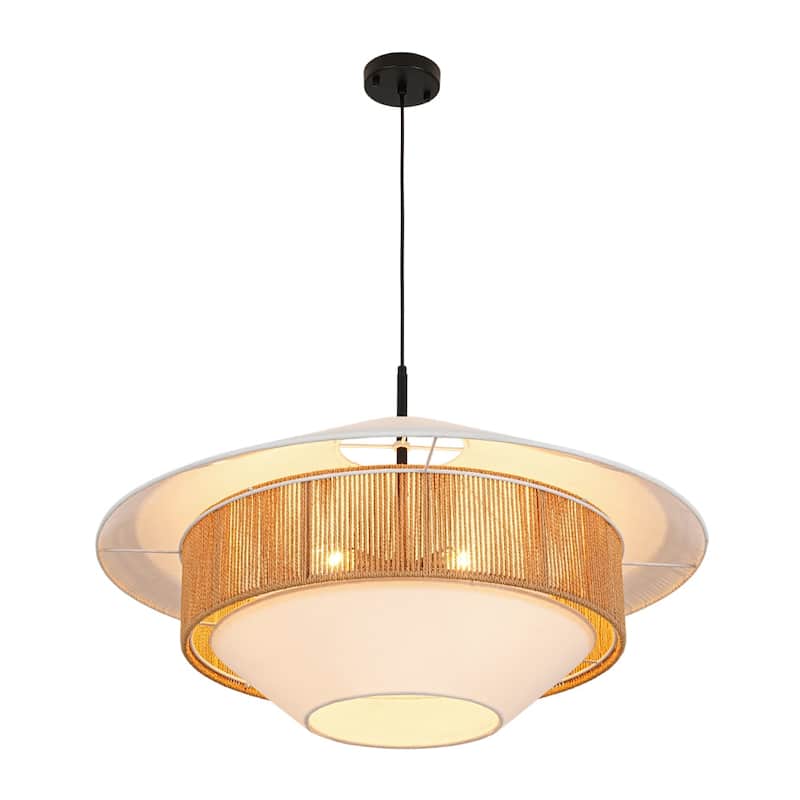 Coastal-style 4-Light Hemp-rope Geometric Linen Fabric Pendant - 33.5 in