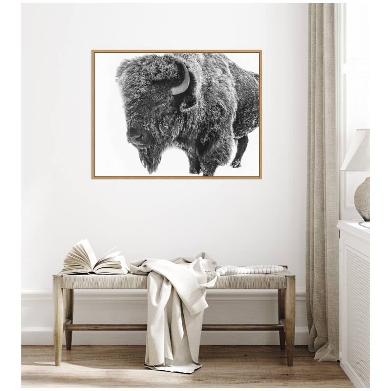 Kate and Laurel Bison in Snow Black and White by Amy Peterson Framed Canvas Wall Art Print