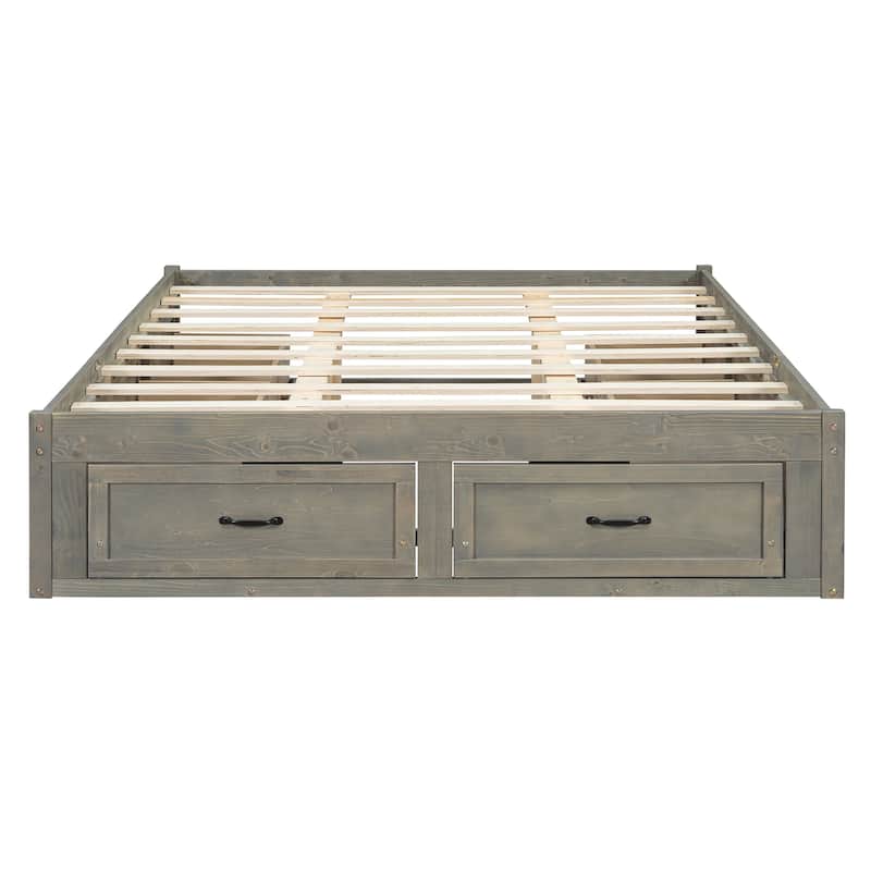 Full/Queen Size Platform Bed without Headboard, Wooden Storage Platform Bed Frame with 6 Drawers, Wood Slats Support