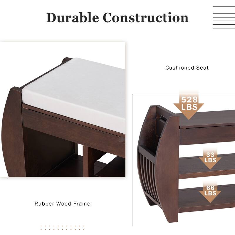 Shoe Bench 2-Tier Storage Bench with Cushion & Curved Side Holder, Wooden Panel Shoe Rack Organizer for Entryway, Living Room