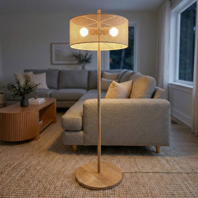 Layla Natural Wood Floor Lamp with Linen Drum Shade