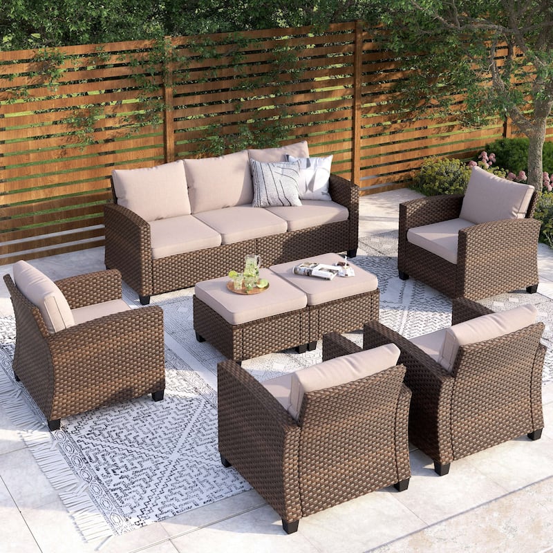 5/9-Seat Patio Furniture Wicker Rattan Outdoor Deep Seating Sectional Sofa Large Conversation Set - 9-Seat - Beige
