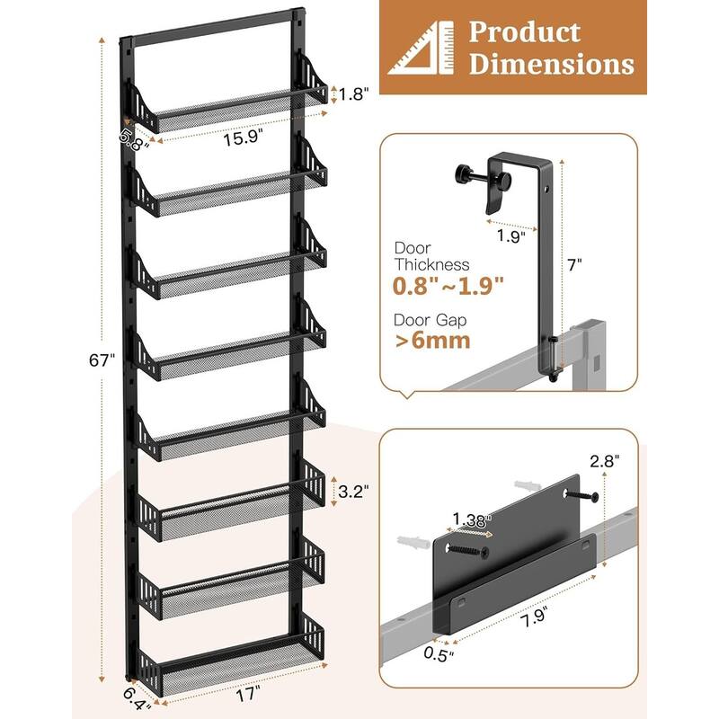 8-Tier Over the Door Pantry Organizer, Large Metal Door Spice Rack with Adjustable Basket - 6.4"D x 17"W x 70"H