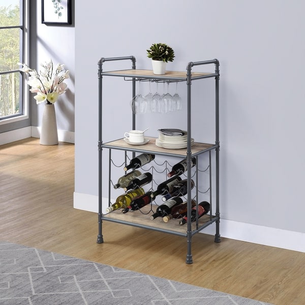 Mankato Antique Oak and Sandy Grey Wine Rack with Stemware Rack Bed