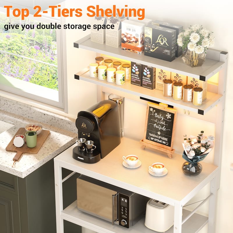 Bakers Rack Kitchen Storage Shelf with Power Outlets and RGB LED Lights,5 Tiers Coffee Bar Station,Microwave Stand