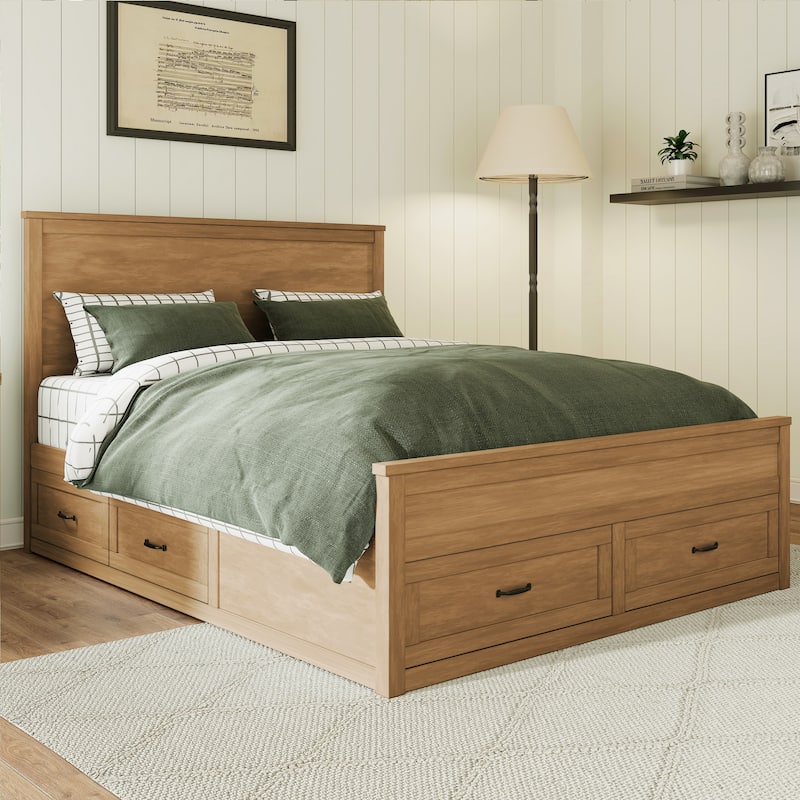 Modern Storage Bed Wood Bed Frame Queen Size Platform Bed with 6 Pull-out Storage Drawers and Panel Headboard Wood Slats Support