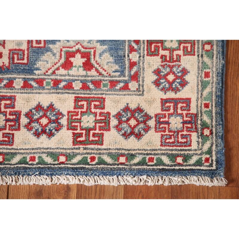Blue Geometric Kazak Runner Rug Handmade Oriental Wool Carpet - 2'8" x 12'7"