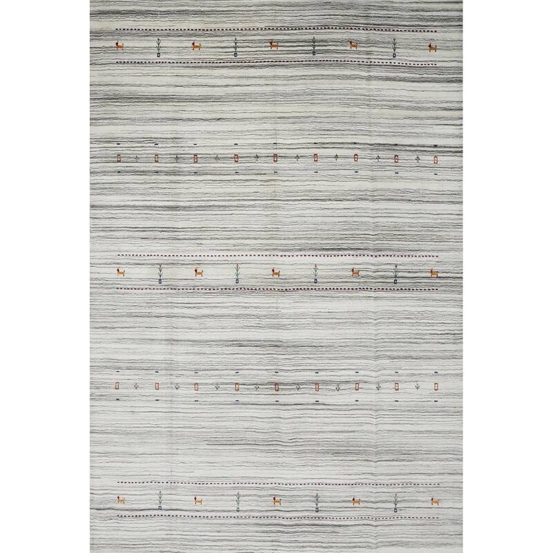 Hand Knotted Oriental 100% Wool Carpet Tribal Animal Pictorial Beige & Ivories Gabbeh Area Rug - 9' 10'' X 7' 11''