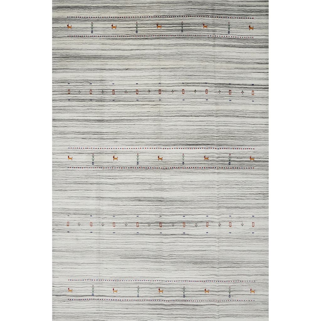 Hand Knotted Oriental 100% Wool Carpet Tribal Animal Pictorial Beige & Ivories Gabbeh Area Rug - 9' 10'' X 7' 11''