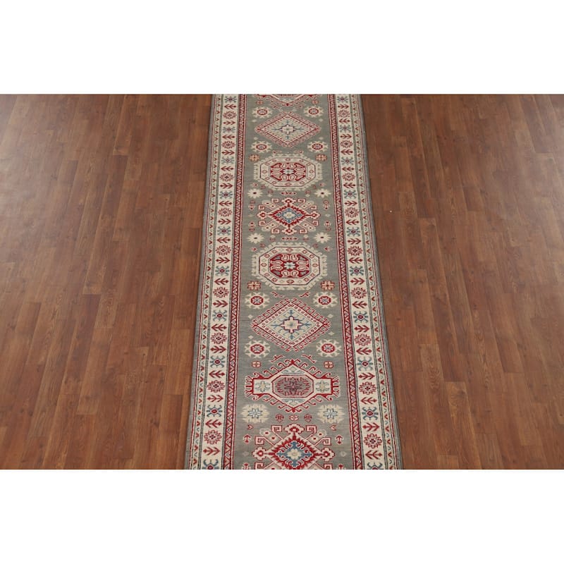 Gray Geometric Kazak Runner Rug Handmade Wool Carpet - 2'9" x 16'5"