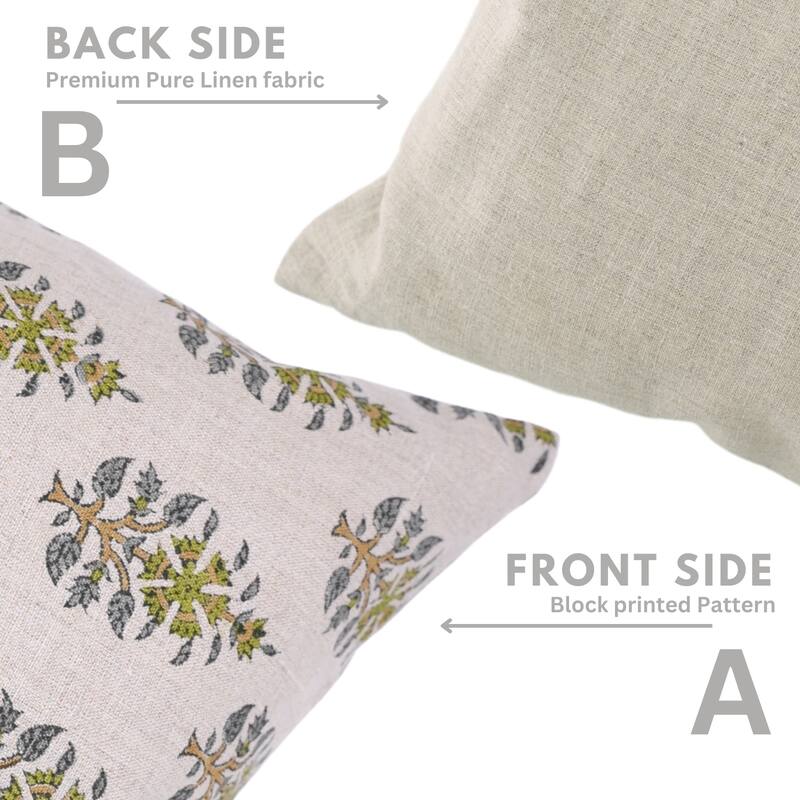 Fabdivine Handmade Block Print Floral Pillow Cover, Soft Pure Linen for Sofa, Alpana