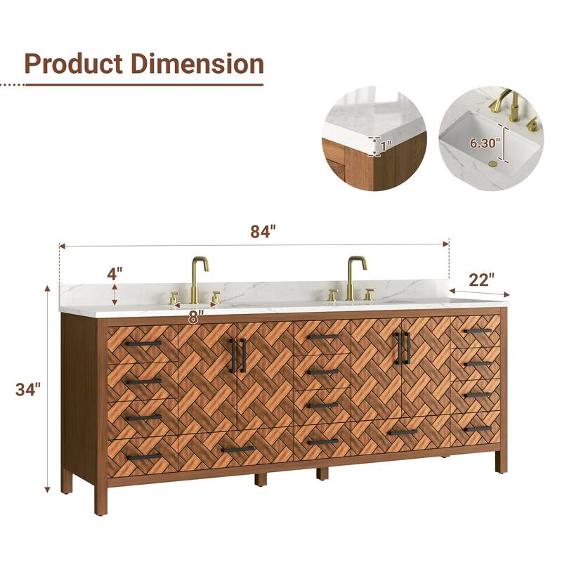 84" Freestanding Bathroom Vanity with Engineered Stone Top, Ceramic Double-Sink, Built-In Power Outlet, and Hair Dryer Storage