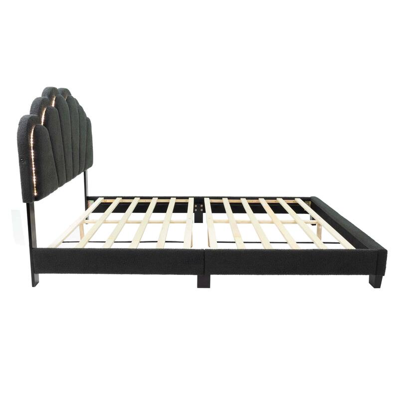 Modern Style 1pc Bed Set Scalloped Tufting Built In LED lights Charcoal Finish Bedroom Furniture