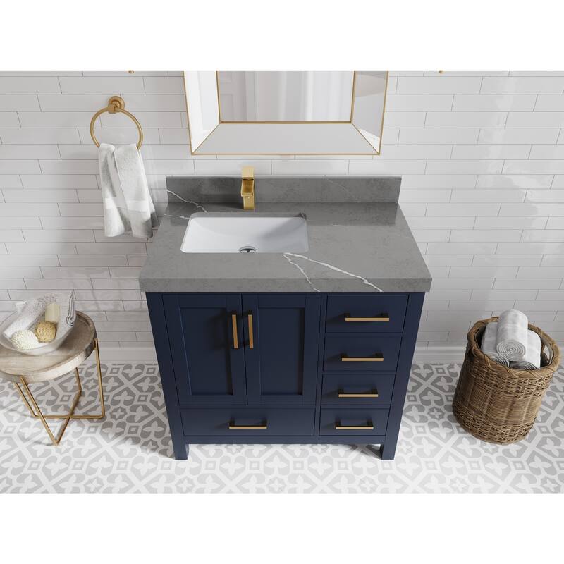 Willow Collections 36 in. W x 22 in. D Malibu Left Offset Sink Bathroom Vanity with Countertop - 2" Piatra Gray - Navy Blue