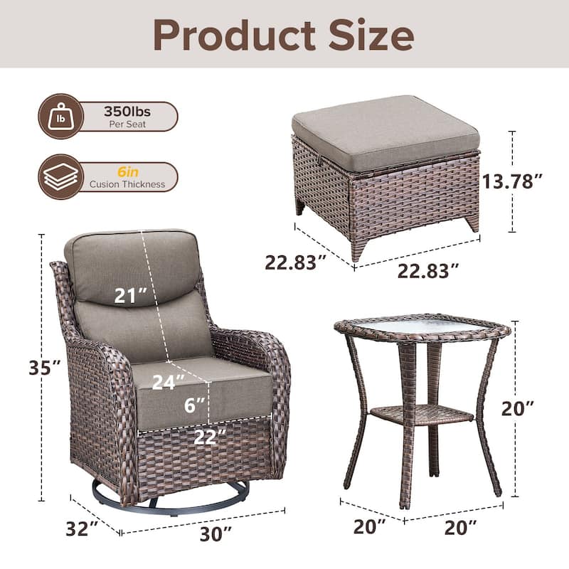 Gymojoy 5-Piece Patio Swivel Glider Chair Ottoman Set with Side Table, 6-Inch Ultra-Plush Cushions