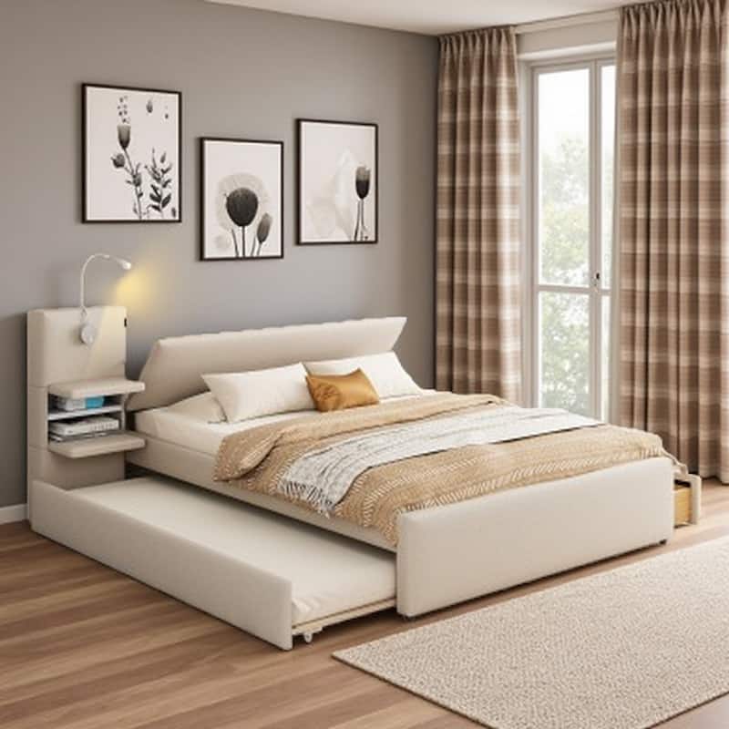 Queen Size Upholstered Platform Bed with Storage Headboard, Reading Lights, Trundle, and Side Racks - Beige