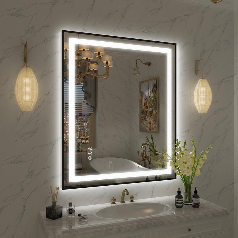 KIOTEE Black Metal Frame Front & Back LED Lighted Anti-Fog Tempered Glass Bathroom Vanity Mirror with ETL and 3 Years Warranty - 36x30