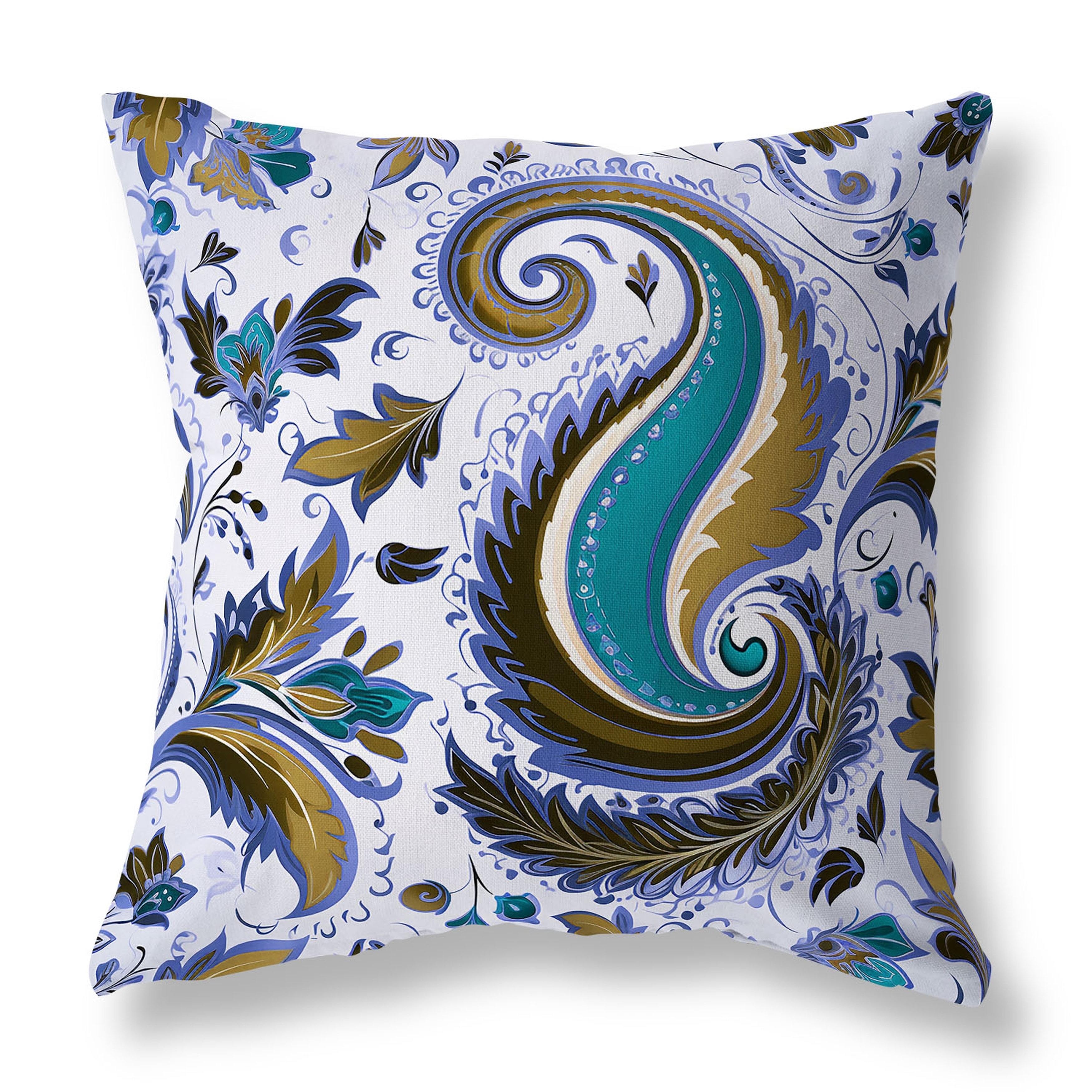 Blue And Olive Lavish Paisley Indoor Outdoor Throw Pillow Zipper 16 x 16