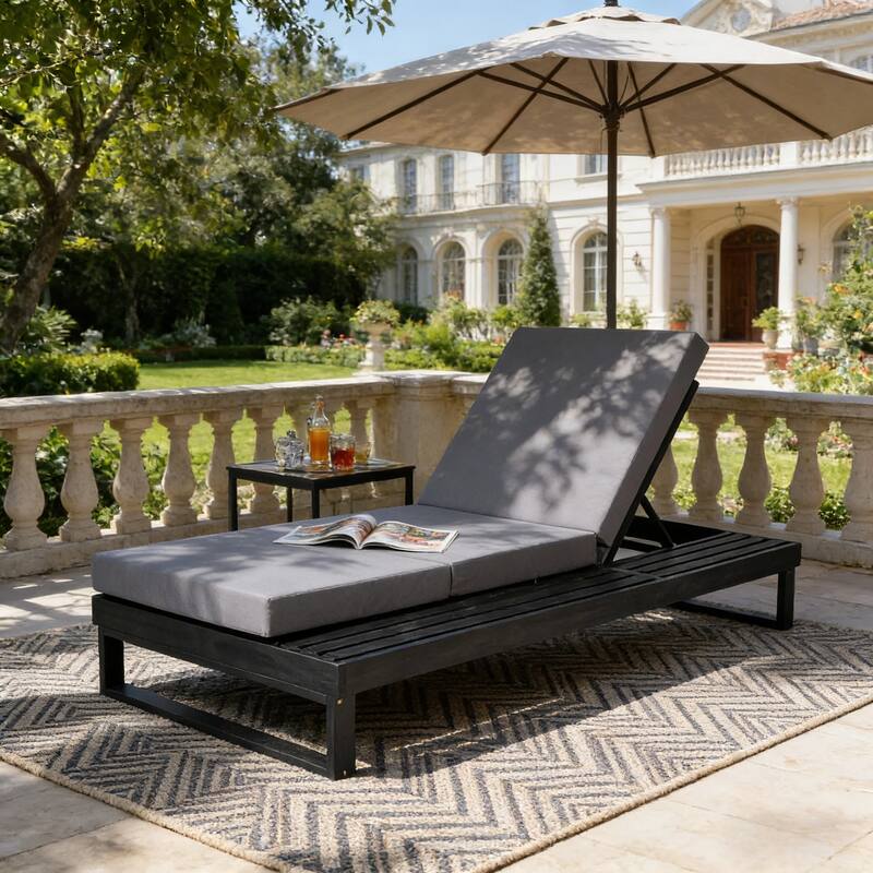 Christopher Knight Home - Modern Outdoor Acacia Wood Chaise Lounge with 4-Position Adjustable Backrest & 2-Fold Cushion