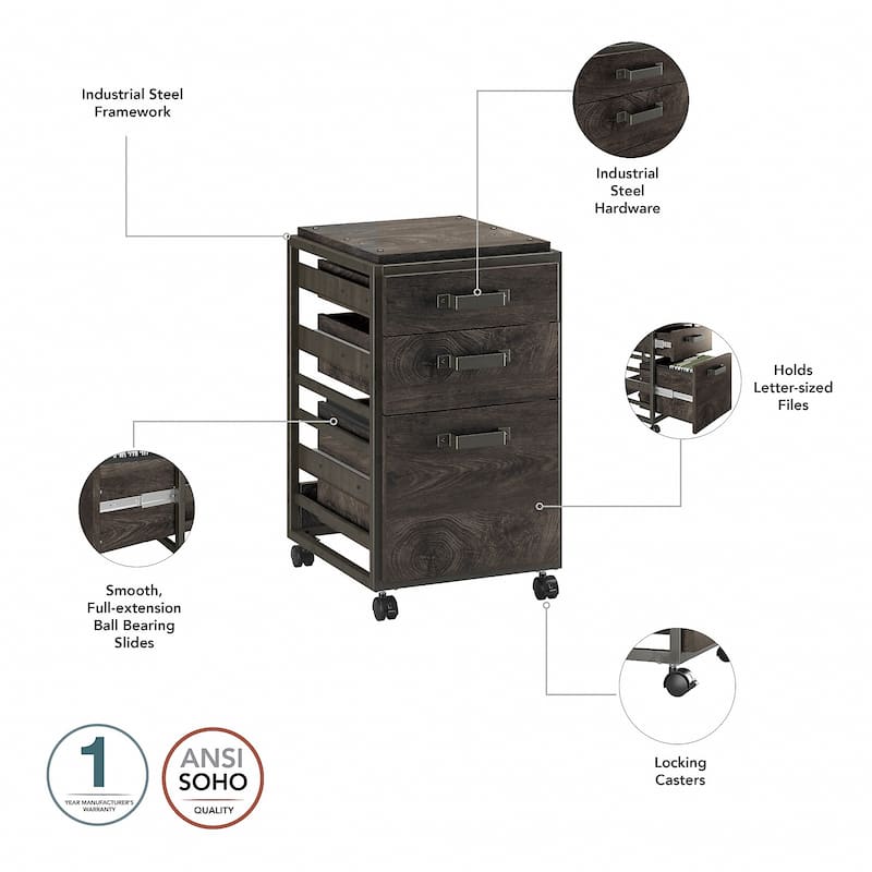 Bush Furniture Refinery 62W Industrial Desk with 3 Drawer Cabinet