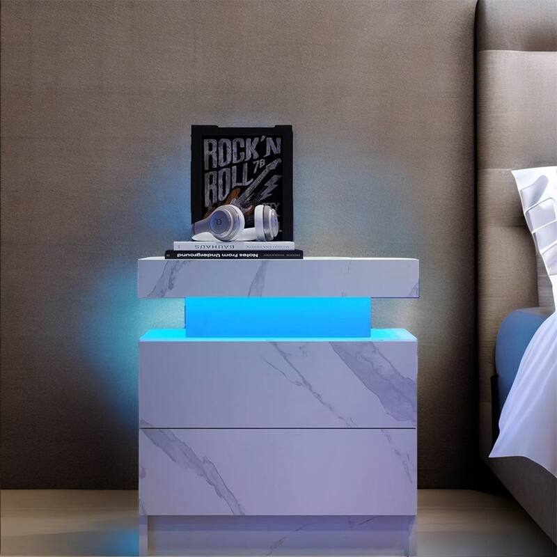Modern Wood LED Nightstand with 2 Drawers - Matte White