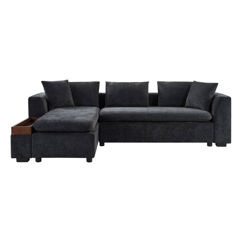 L-Shaped Sectional Sofa with Chaise Lounge, Chenille Upholstered Sleeper Couch with Wooden Storage Compartment & Throw Pillows