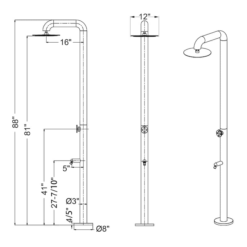 88"H Stainless Steel Freestanding Outdoor Shower with Footwash Spout