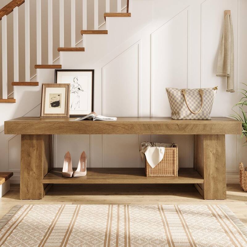 63" Wooden Entryway Bench with Storage Shelf, Extra Long Bench, Hallway Bench for Living Room, Bedroom, Kitchen
